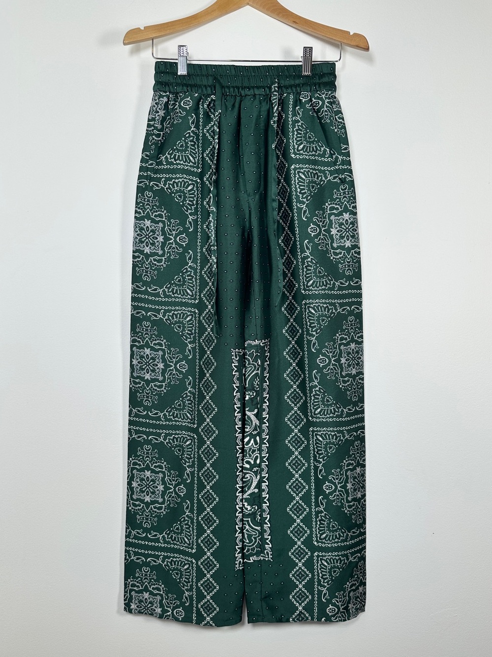 Olive Green Satin-Print Wide Leg Pants
